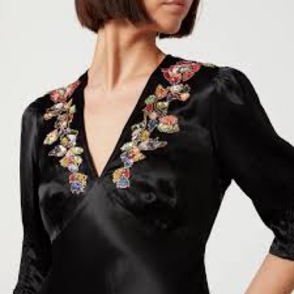 Black Satin Dress with Floral Embroidery